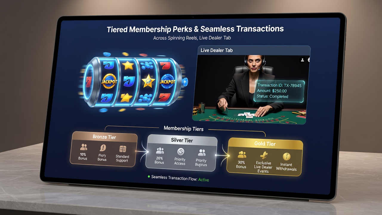 Diagram depicting API-linked loyalty tiers and payment processing across casino game categories