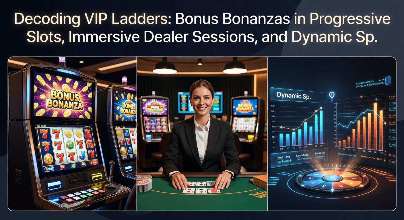 Dynamic graphic showing VIP tiers unlocking bonuses across slot reels, live dealer tables, and sports betting odds boards
