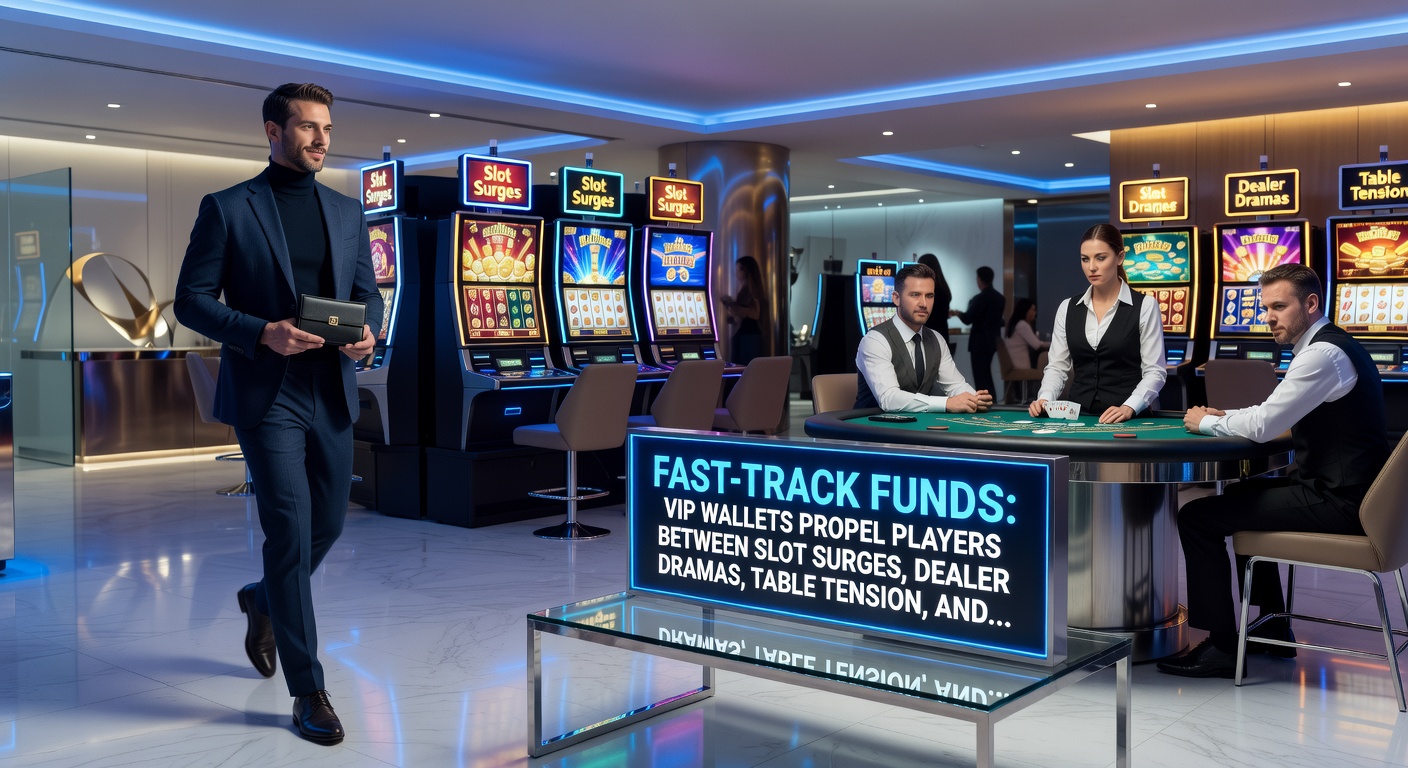 High-energy graphic of a player navigating VIP wallet transfers, arrows flying between slot reels, poker tables, live roulette wheels, and sports betting boards under neon lights
