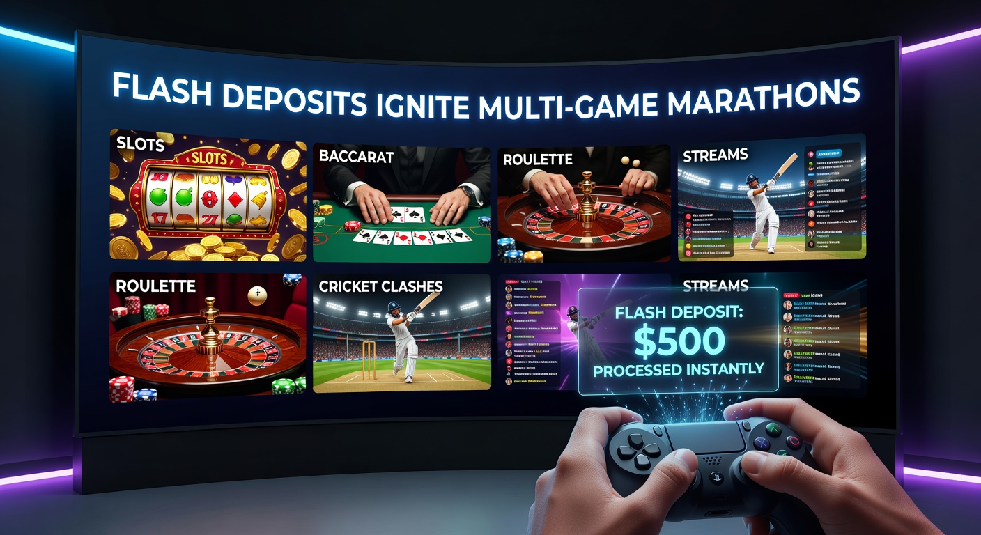 Dynamic split-screen view of a VIP marathon: slot reels exploding in bonuses beside a live baccarat table, roulette wheel, and cricket scorecard on a high-end tablet