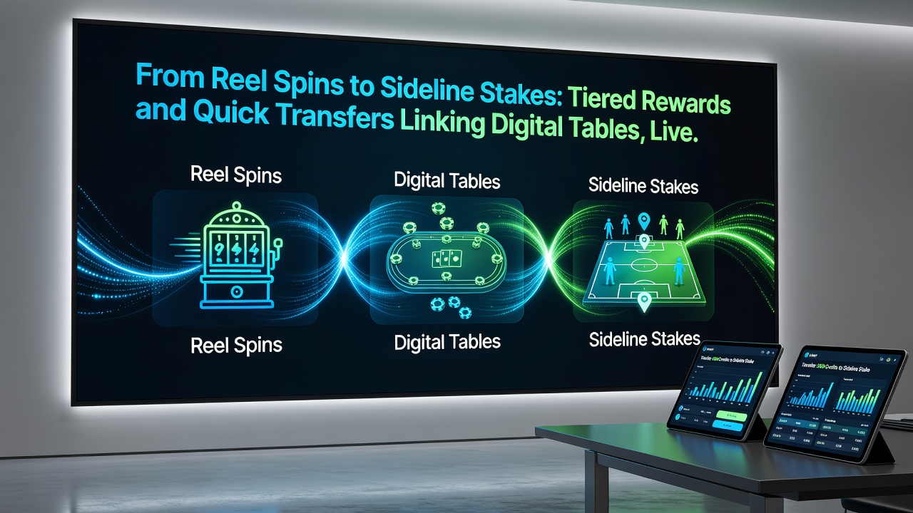 Close-up of smartphone screen showing seamless fund transfer between slot game, live stream dealer, and sports betting interface with tier status indicators