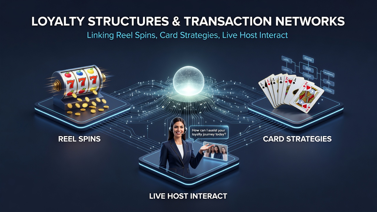 Transaction flow diagram illustrating loyalty points moving between mobile slots, blackjack, live roulette, and sports markets