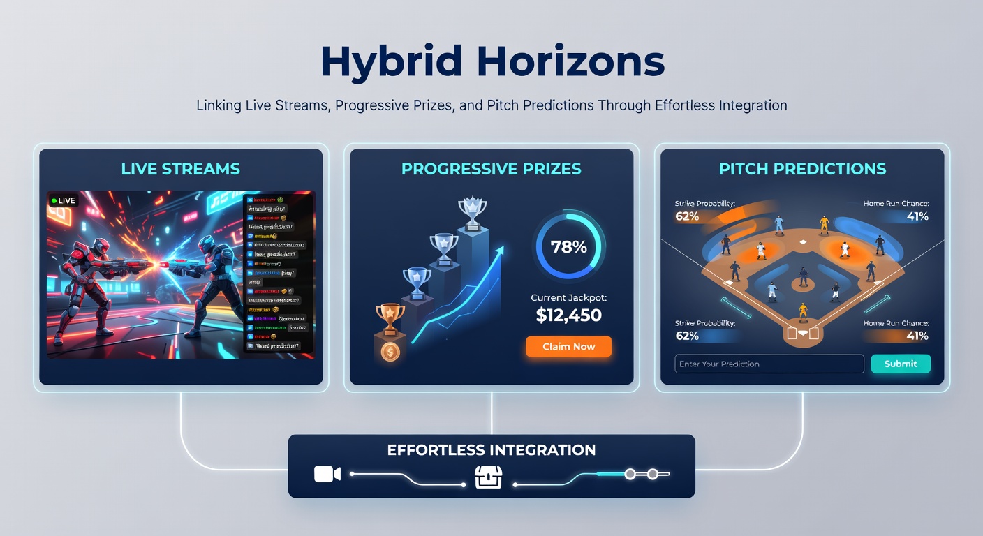 Illustration of tiered reward ladders connecting live dealer tables, spinning slot reels with rising jackpots, and sports pitch graphics with odds overlays