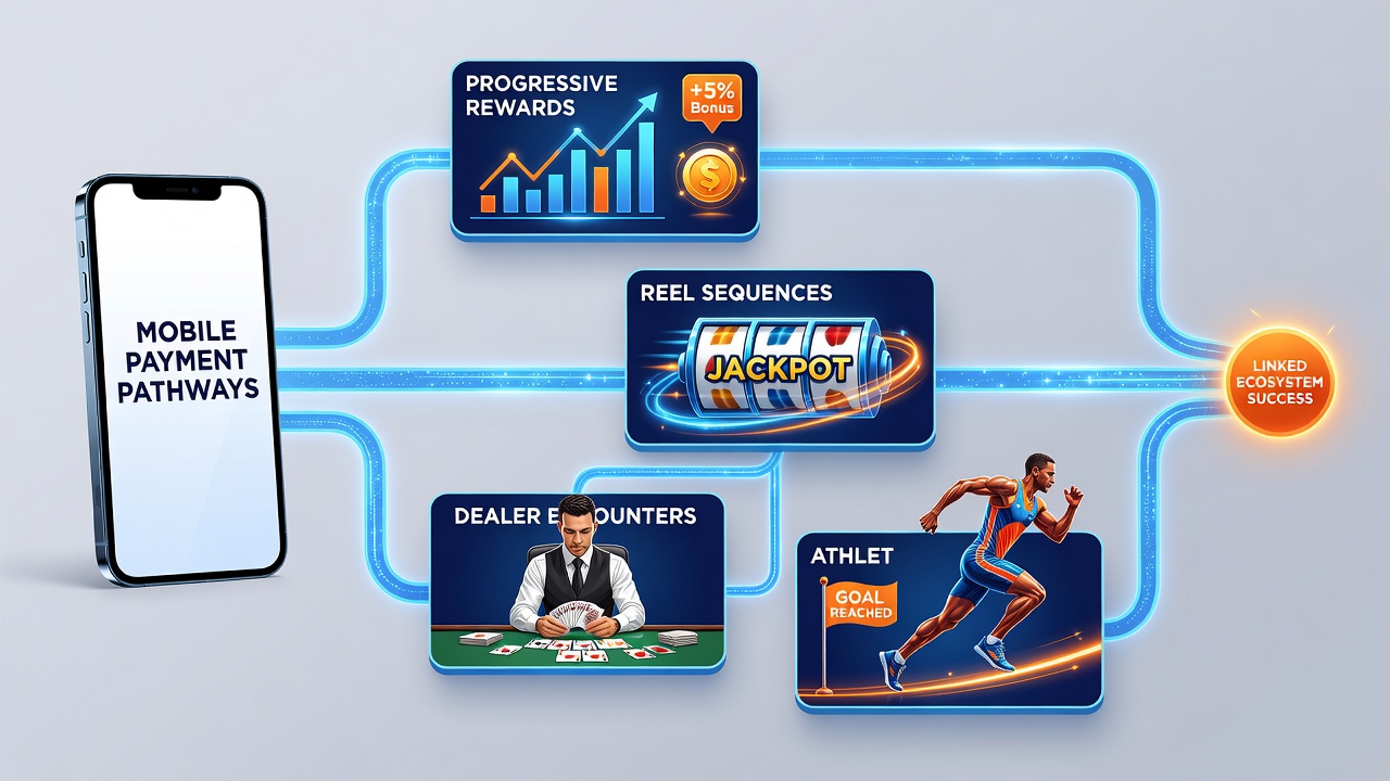 Illustration of reward progression flowing from mobile wallet to slots, live dealer tables, and sports betting interfaces