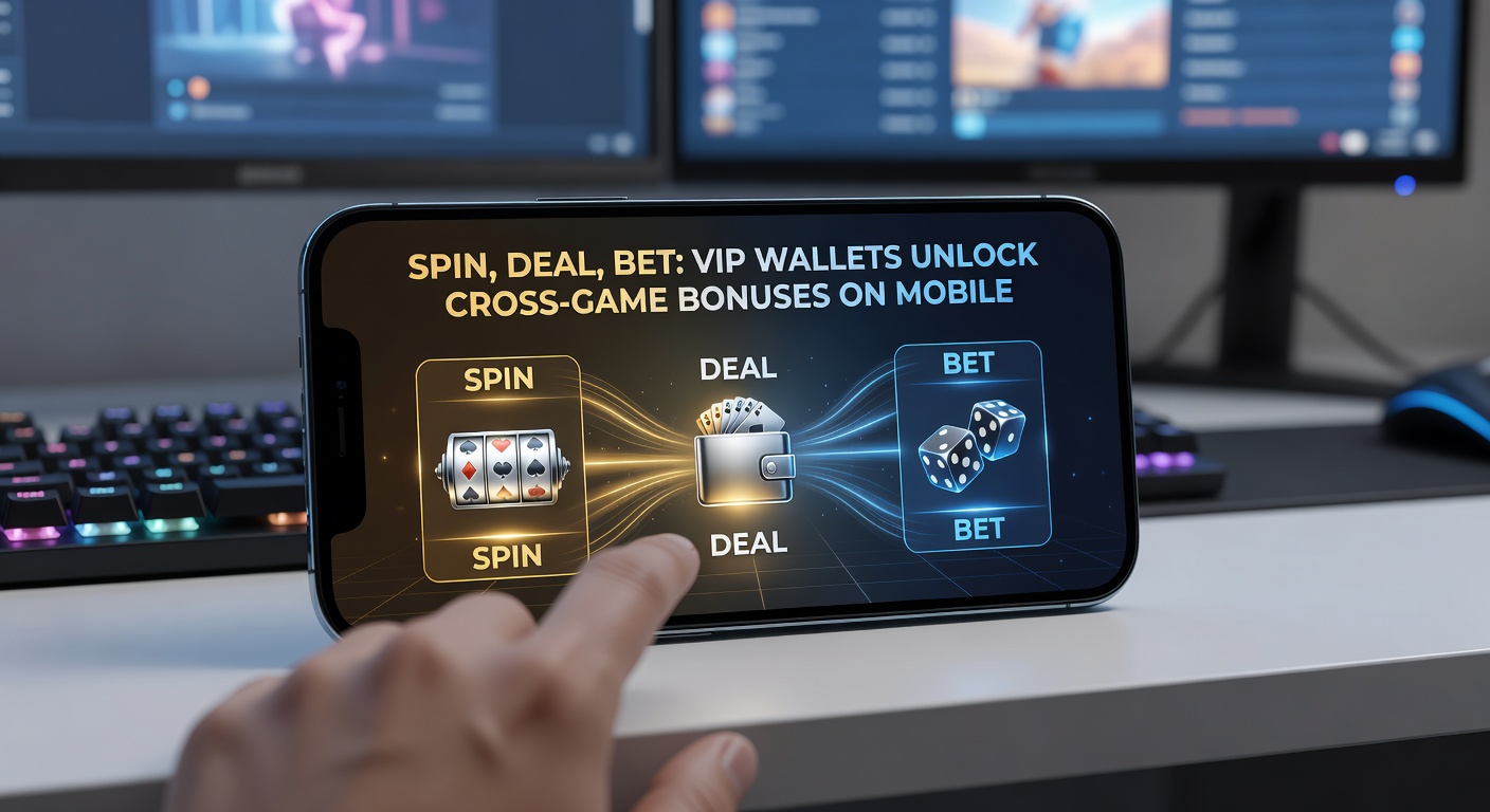 Illustration of VIP player navigating mobile app with wallet transferring bonuses from slot machine to live dealer table and sportsbook
