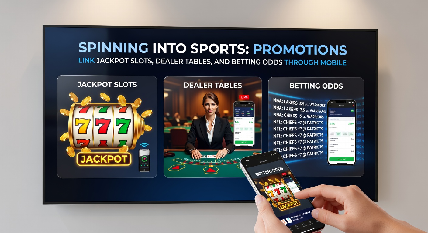Dynamic collage of jackpot slot reels exploding with wins, live dealer at a blackjack table, and sports betting odds screen on a sleek mobile device