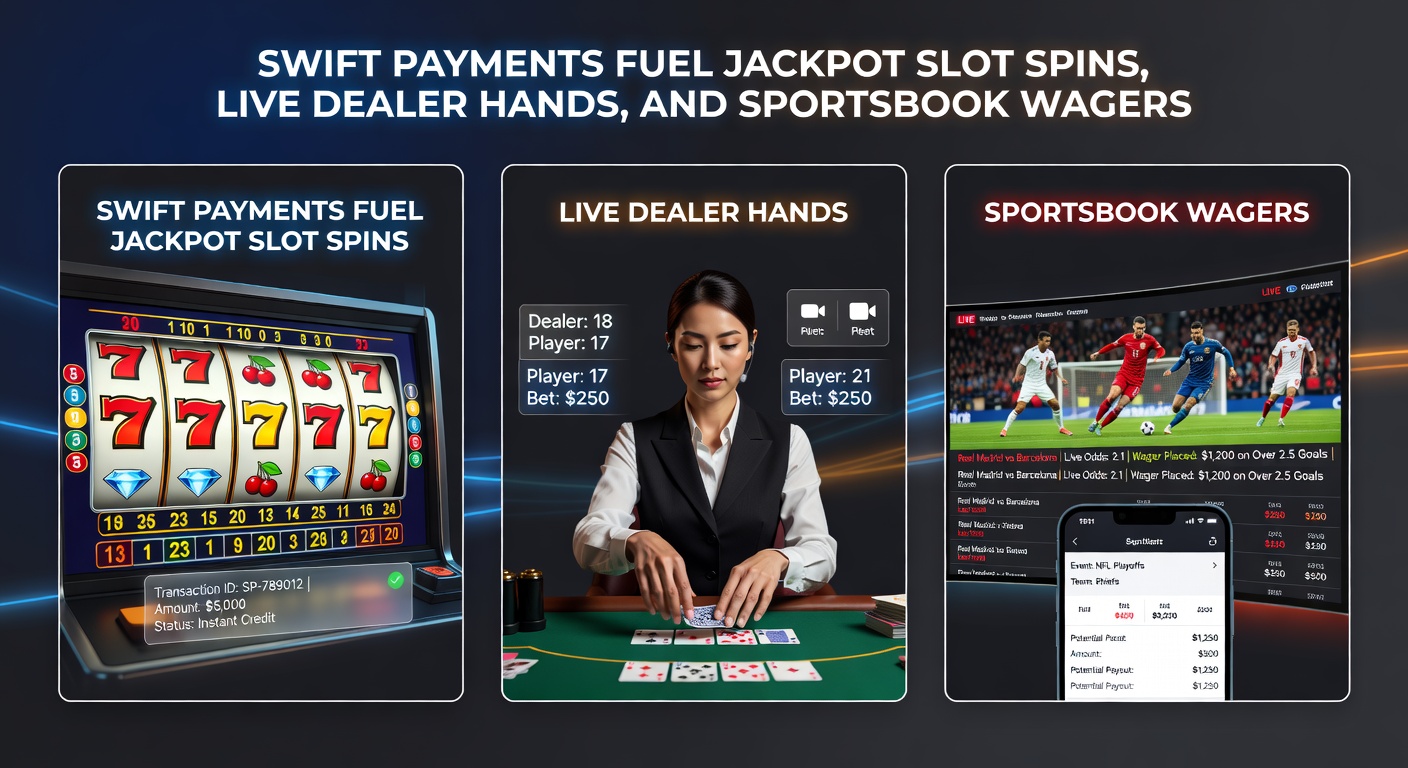 Sportsbook interface showing live odds for soccer matches alongside swift payment confirmation screens, highlighting real-time wagering