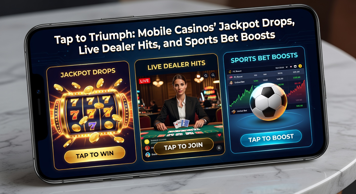 Collage of mobile interfaces showing a jackpot drop win, live dealer blackjack hand in progress, and in-play sports betting on a soccer match