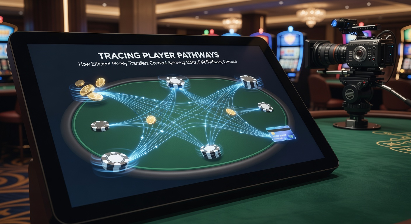 Illustration of connected gaming modules including reels, cards, live video, and sports fields linked by digital payment flows