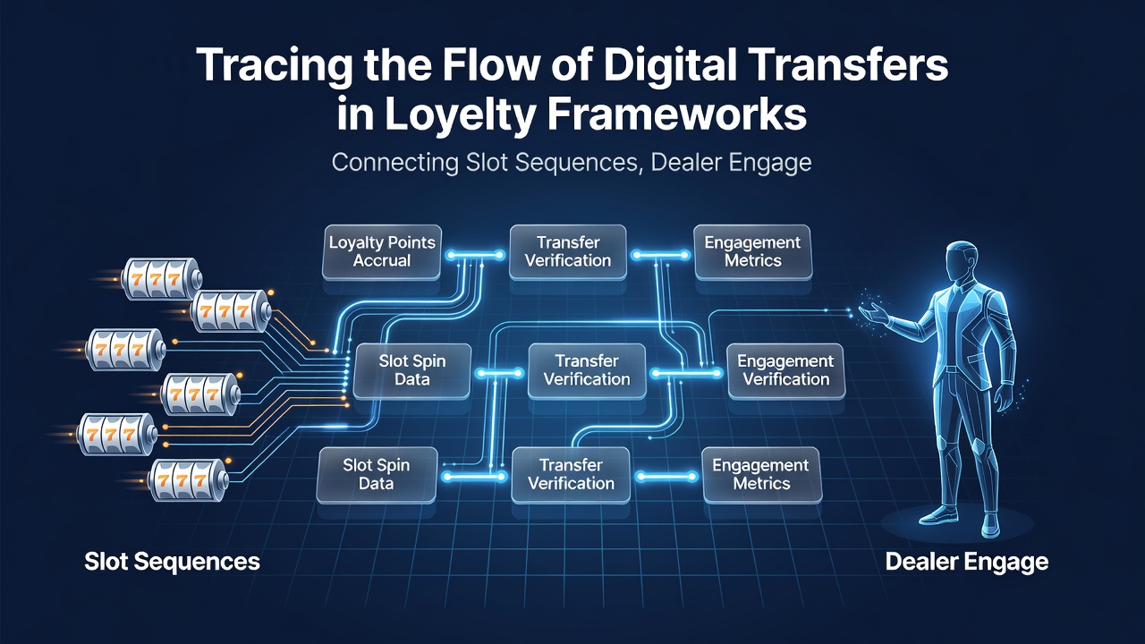 Flow diagram showing loyalty points moving between sports betting markets, slot reels, and live dealer sessions through a central digital wallet