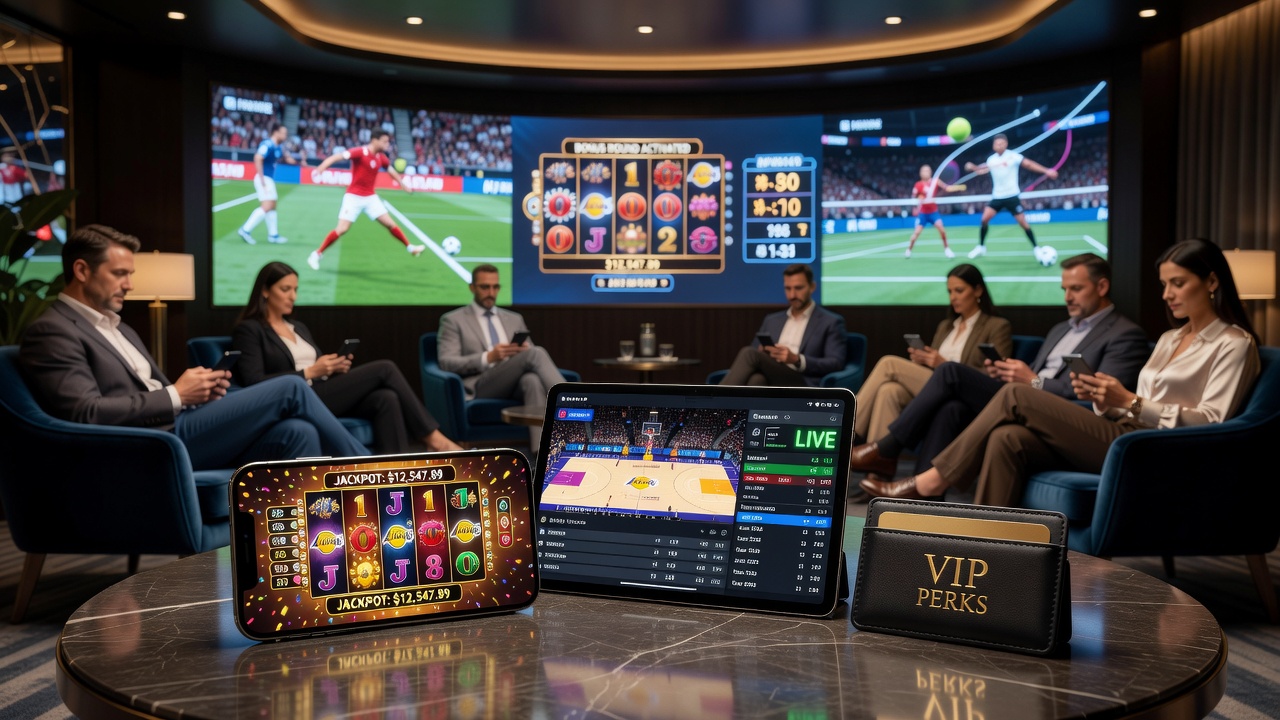 Tablet displaying VIP dashboard with loyalty points transferring between slot progressives and live sports betting sections